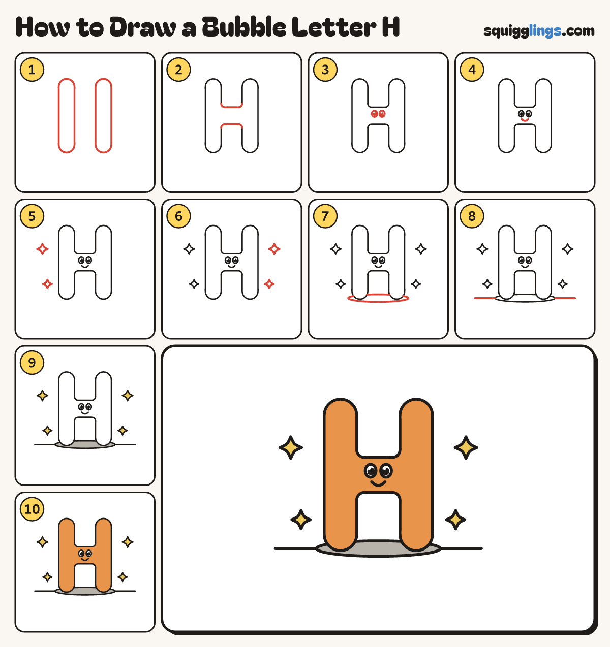 How to Draw a Bubble Letter H step by step: all 10 steps in one picture