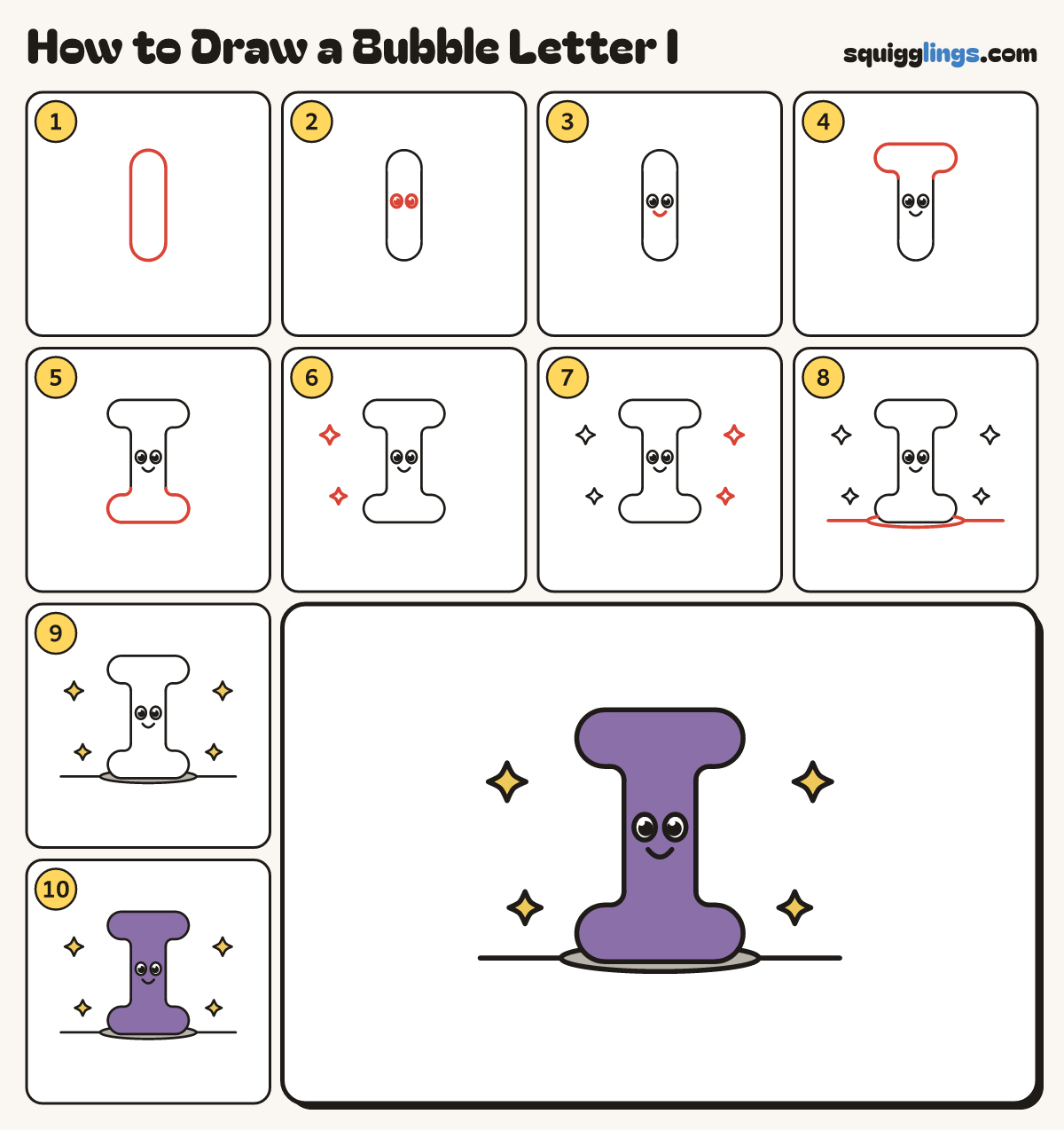 How to Draw a Bubble Letter I step by step: all 10 steps in one picture