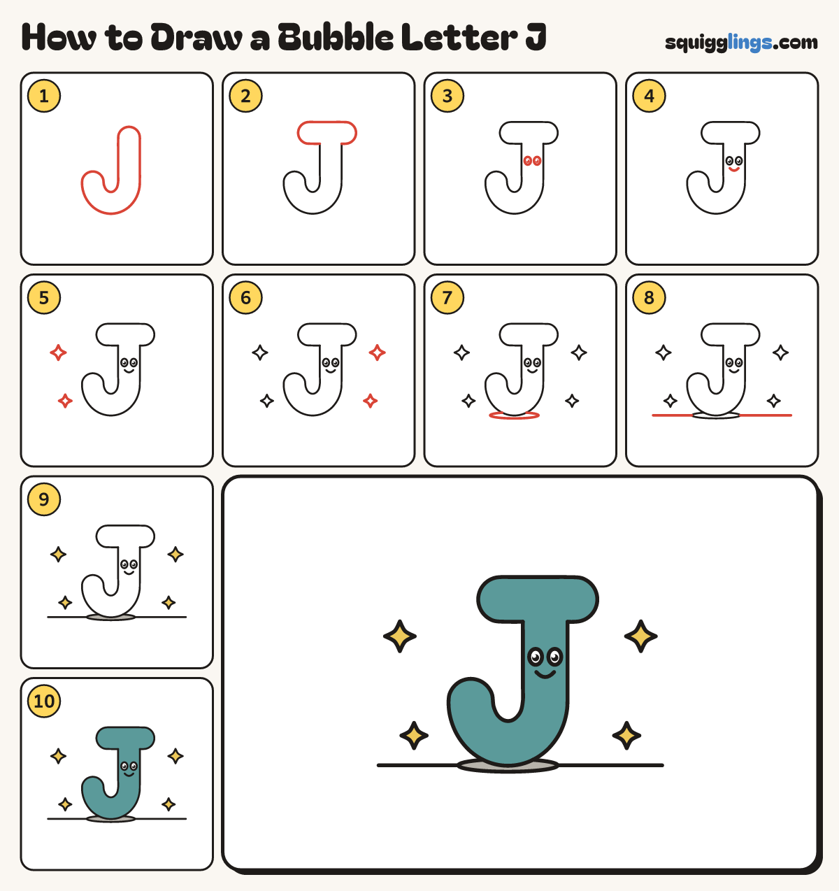 How to Draw a Bubble Letter J step by step: all 10 steps in one picture