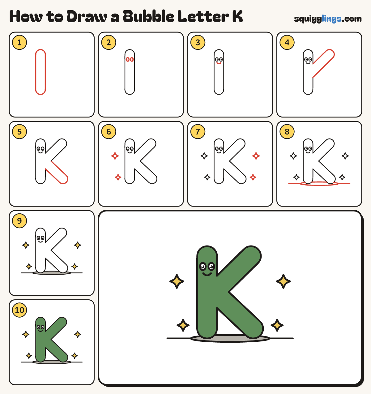 How to Draw a Bubble Letter K step by step: all 10 steps in one picture