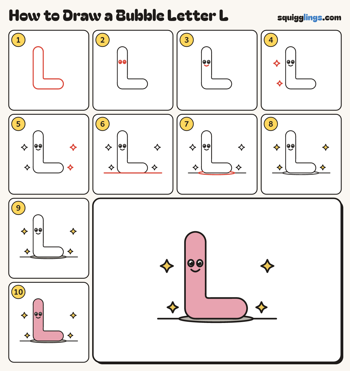 How to Draw a Bubble Letter L step by step: all 10 steps in one picture