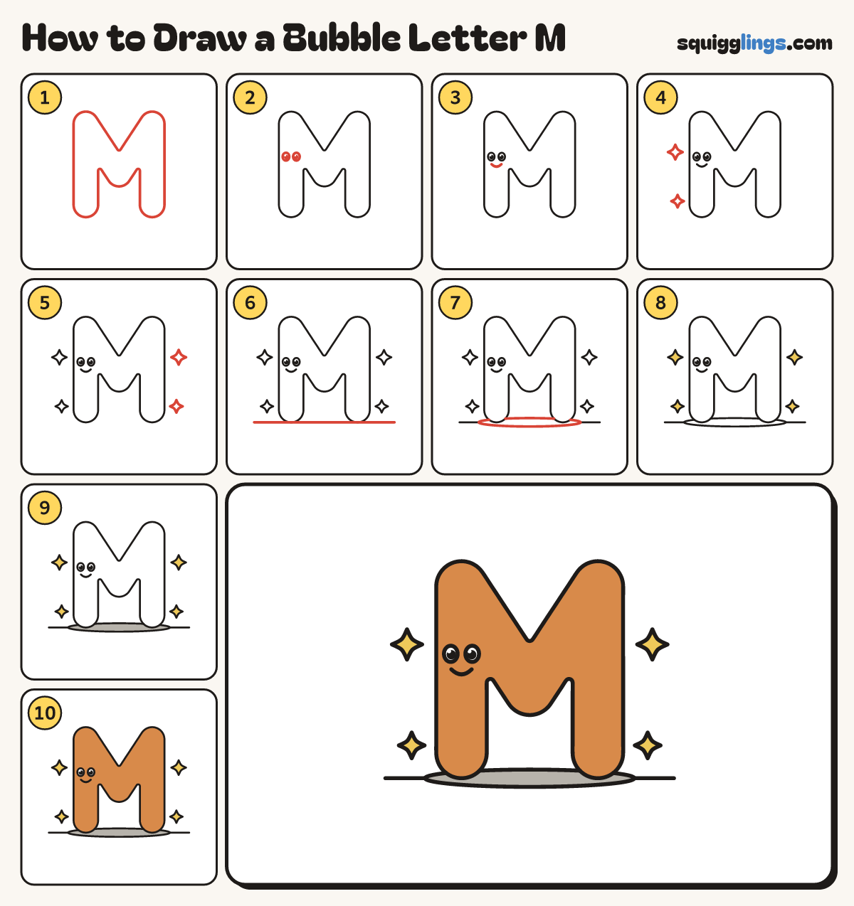 How to Draw a Bubble Letter M step by step: all 10 steps in one picture
