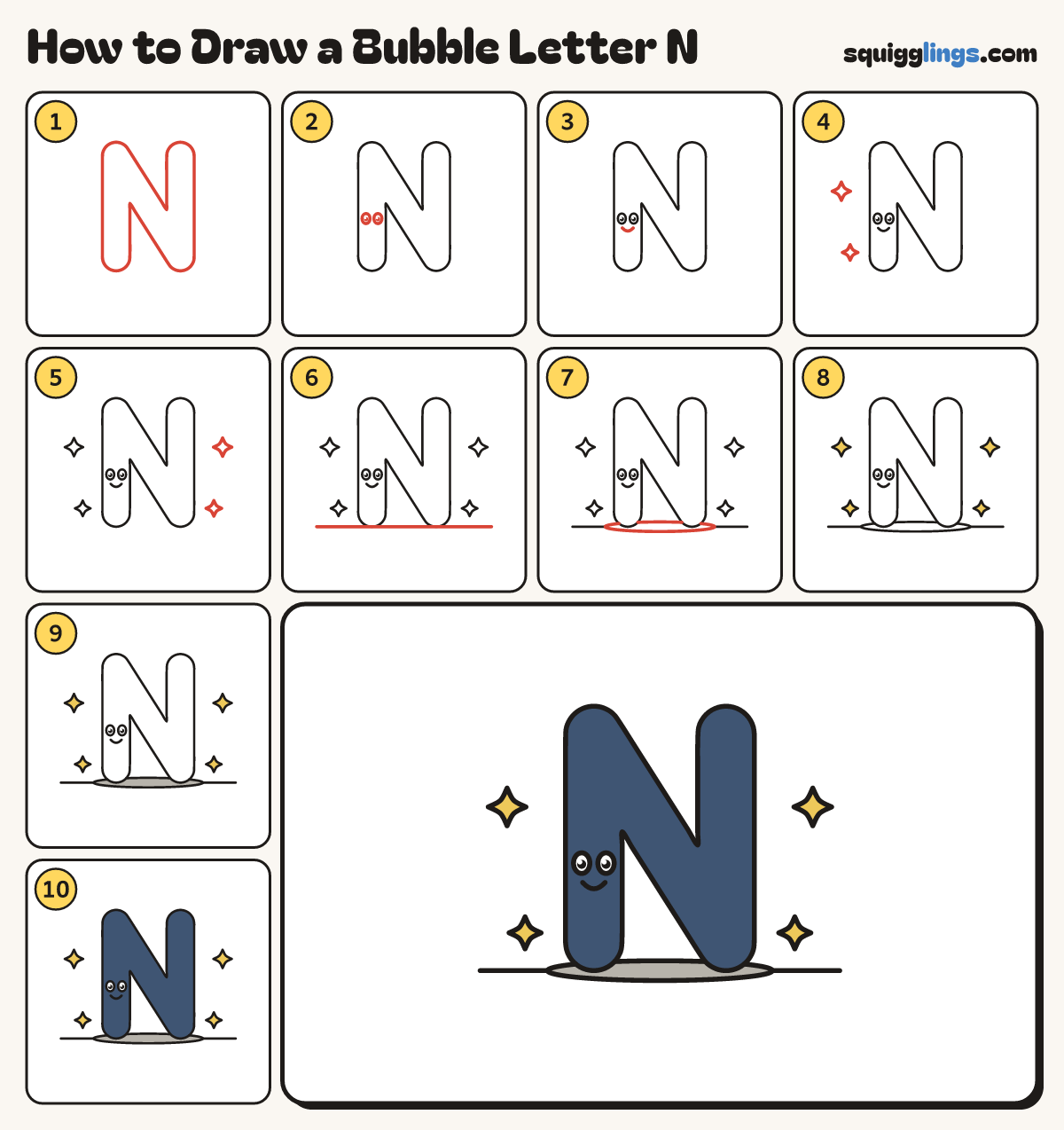 How to Draw a Bubble Letter N step by step: all 10 steps in one picture