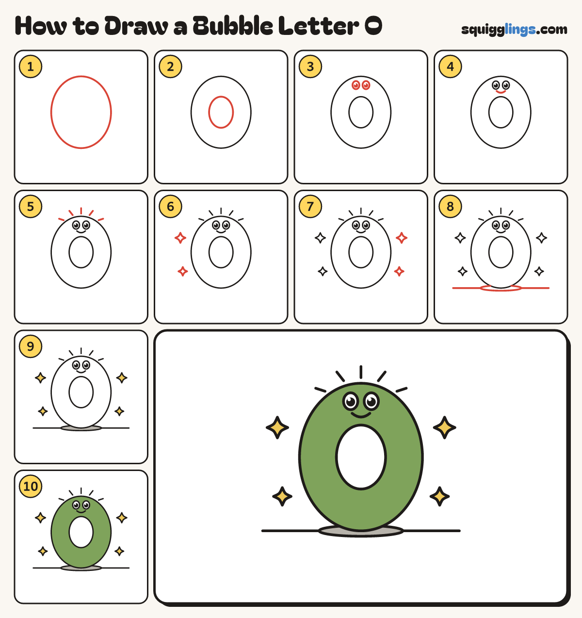How to Draw a Bubble Letter O step by step: all 10 steps in one picture