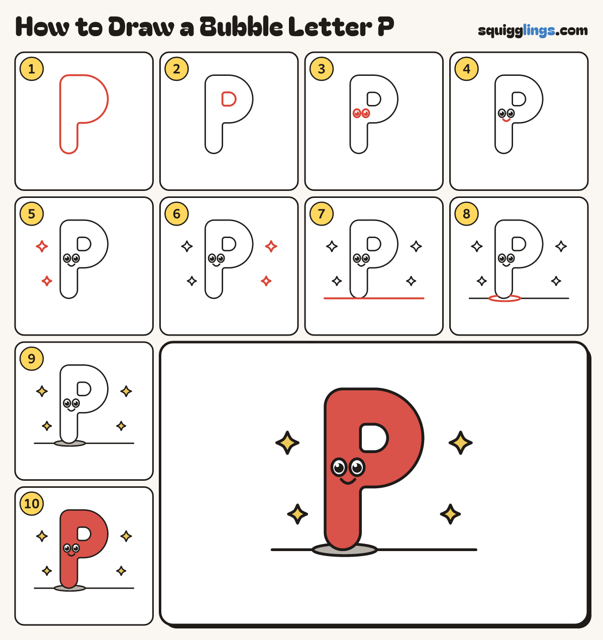 How to Draw a Bubble Letter P step by step: all 10 steps in one picture