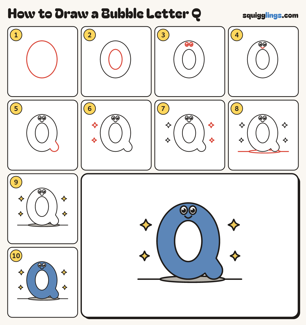 How to Draw a Bubble Letter Q step by step: all 10 steps in one picture