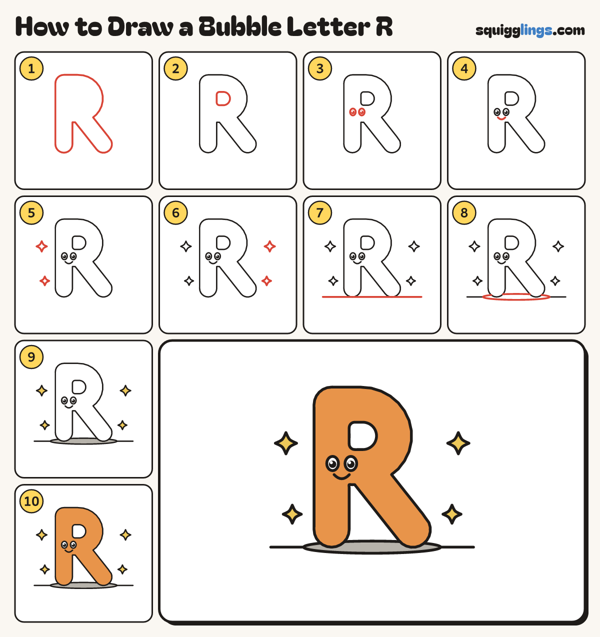 How to Draw a Bubble Letter R step by step: all 10 steps in one picture