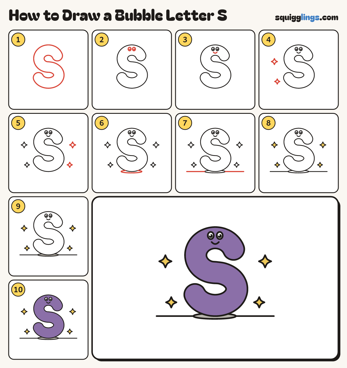 How to Draw a Bubble Letter S step by step: all 10 steps in one picture