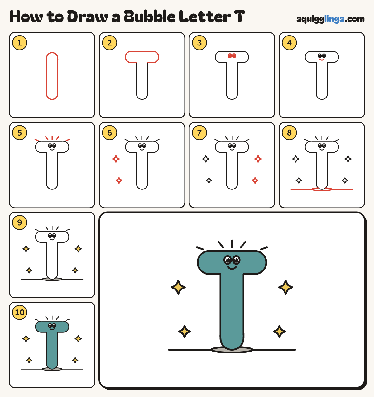 How to Draw a Bubble Letter T step by step: all 10 steps in one picture