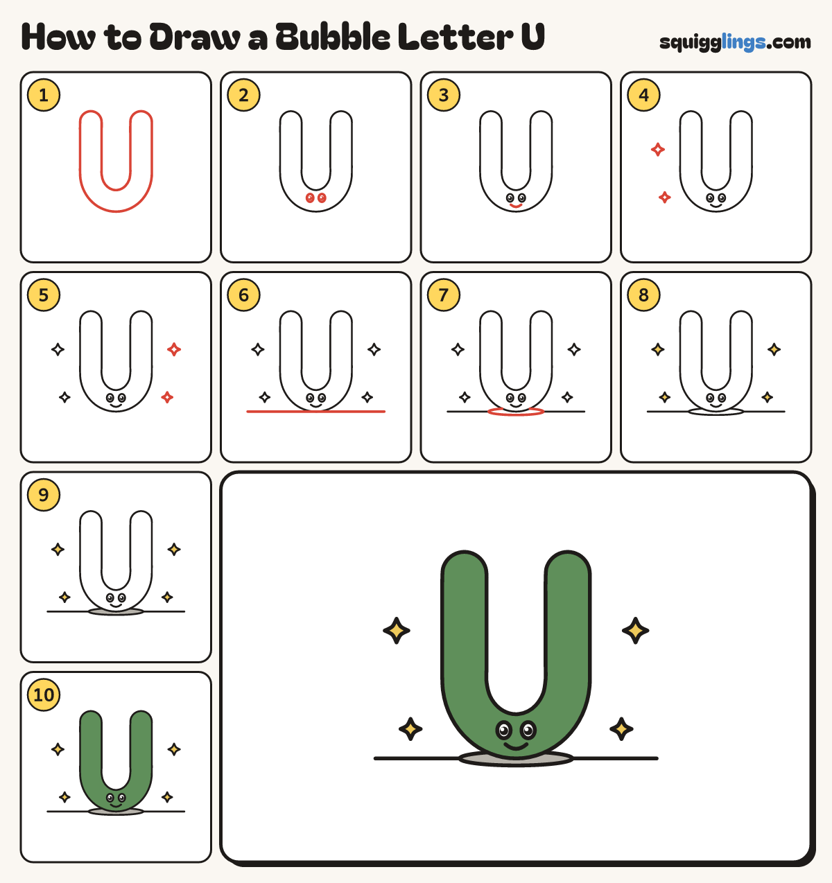 How to Draw a Bubble Letter U step by step: all 10 steps in one picture