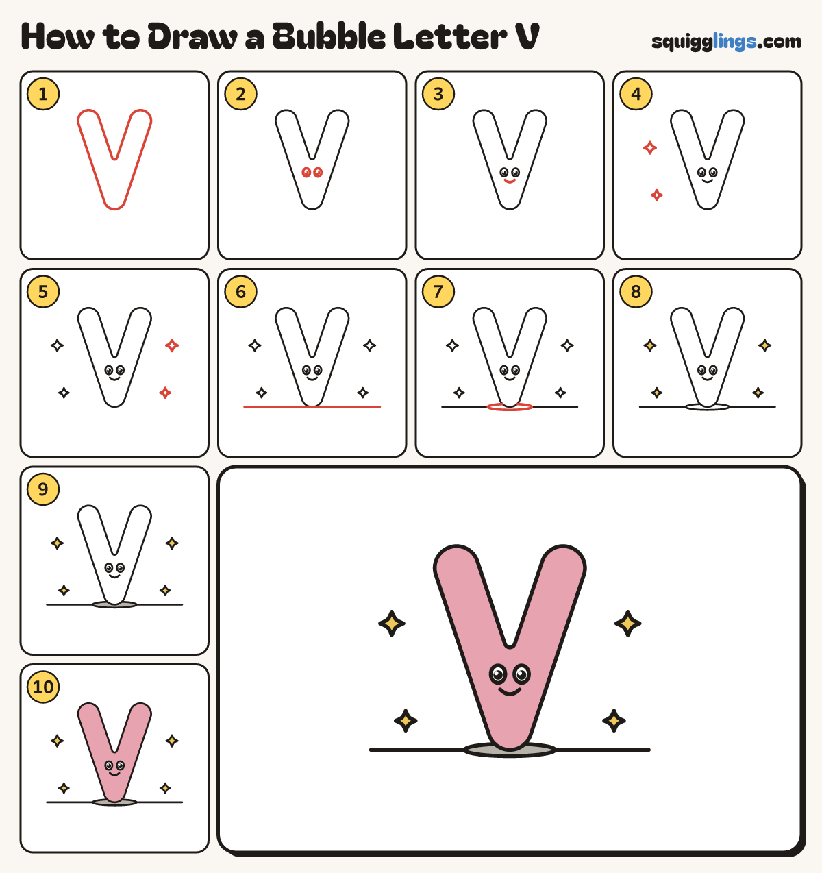 How to Draw a Bubble Letter V step by step: all 10 steps in one picture