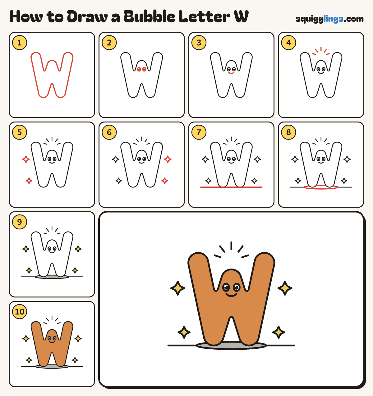 How to Draw a Bubble Letter W step by step: all 10 steps in one picture