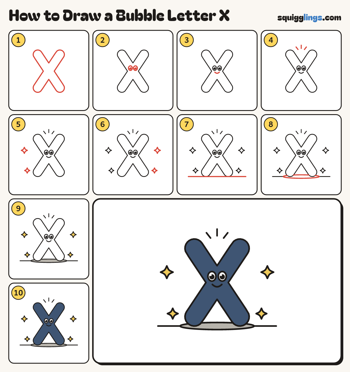 How to Draw a Bubble Letter X step by step: all 10 steps in one picture