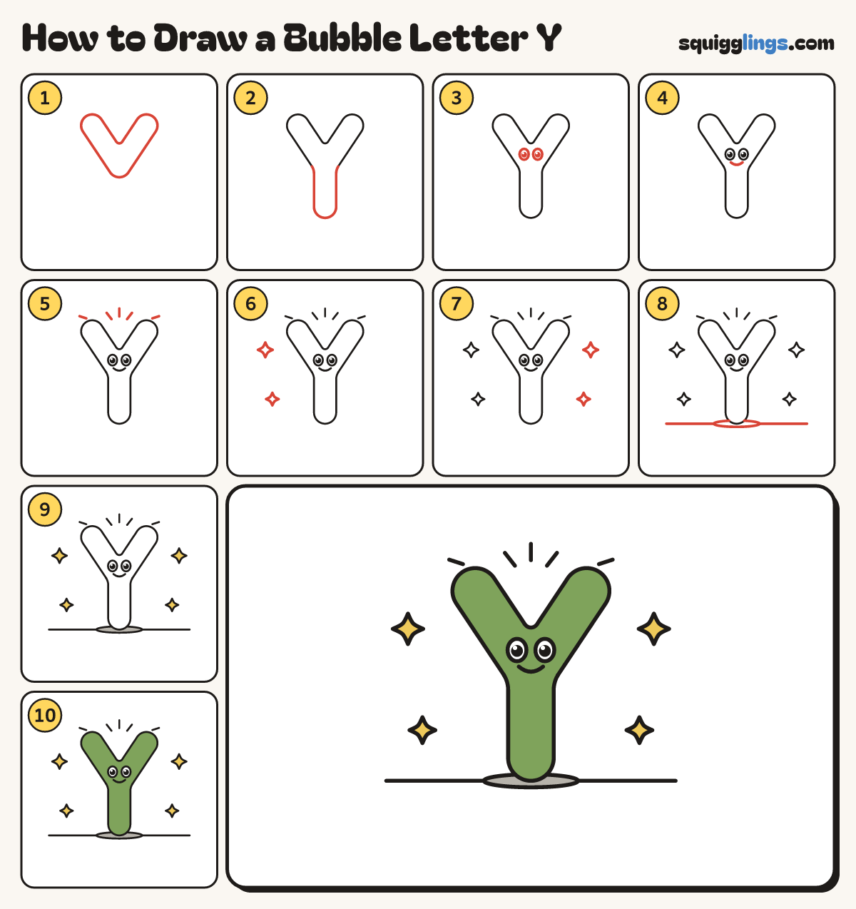 How to Draw a Bubble Letter Y step by step: all 10 steps in one picture