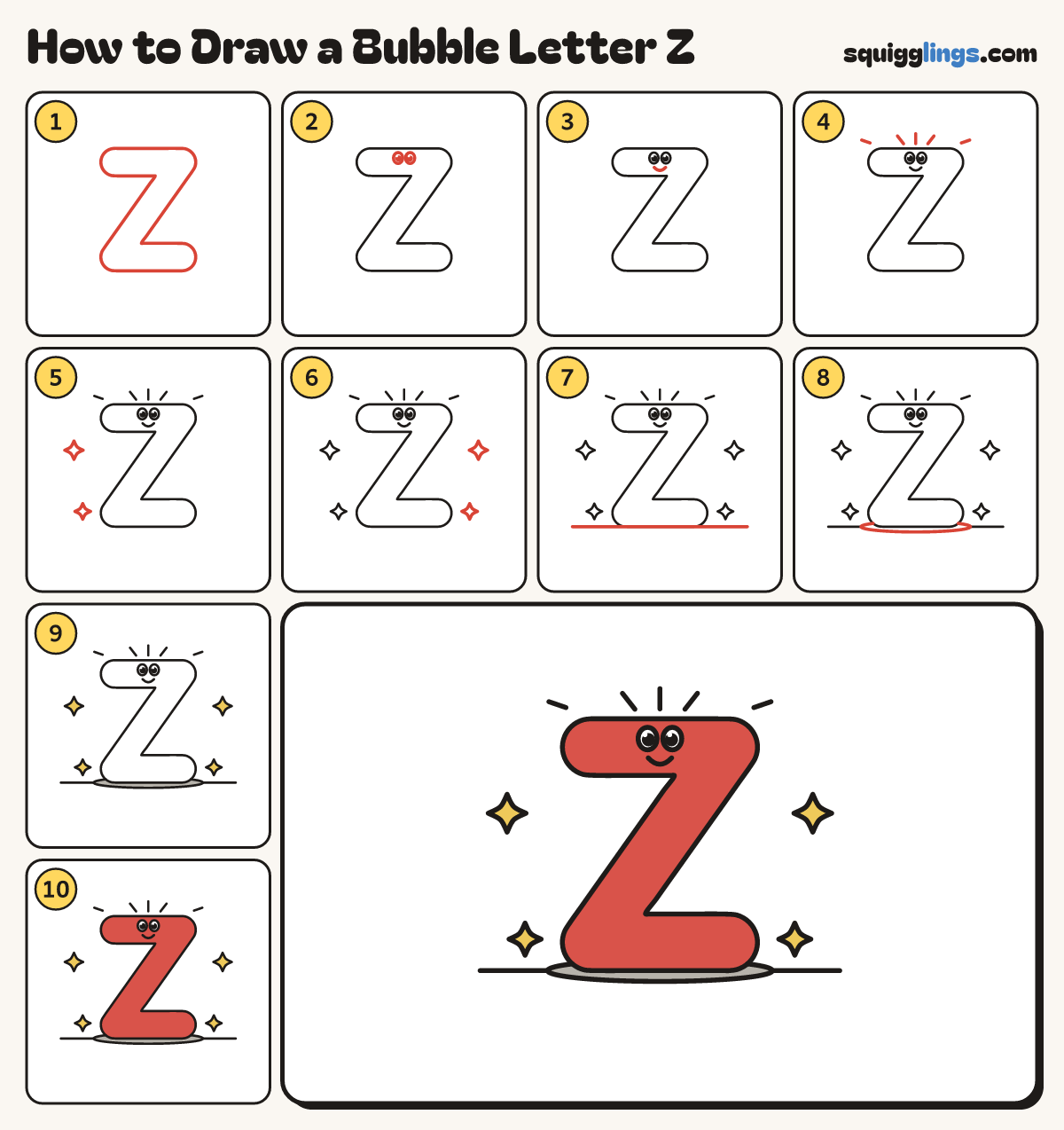 How to Draw a Bubble Letter Z step by step: all 10 steps in one picture