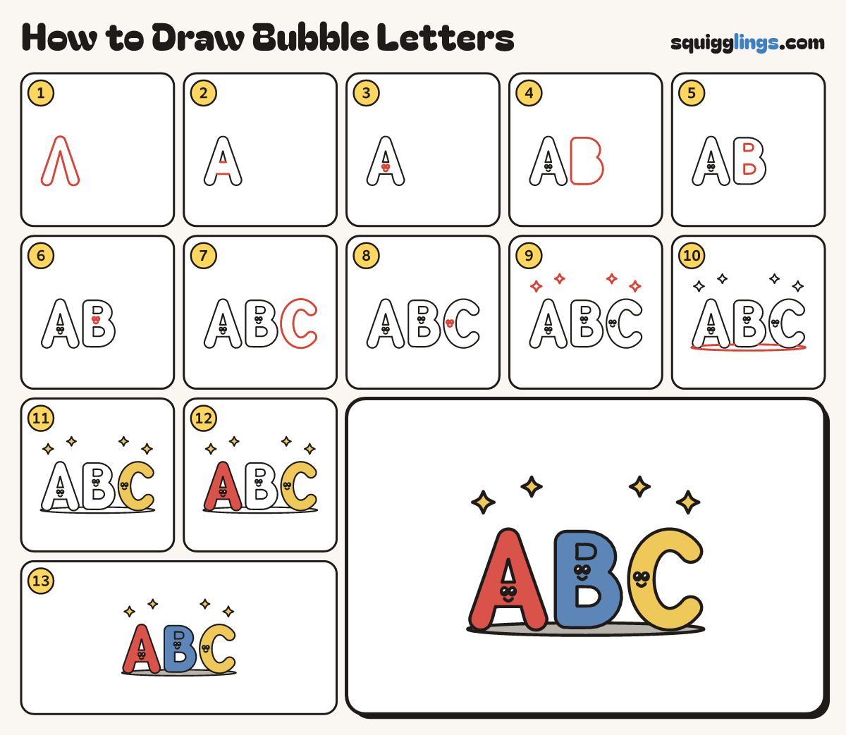 How to Draw Bubble Letters step by step: all 13 steps in one picture