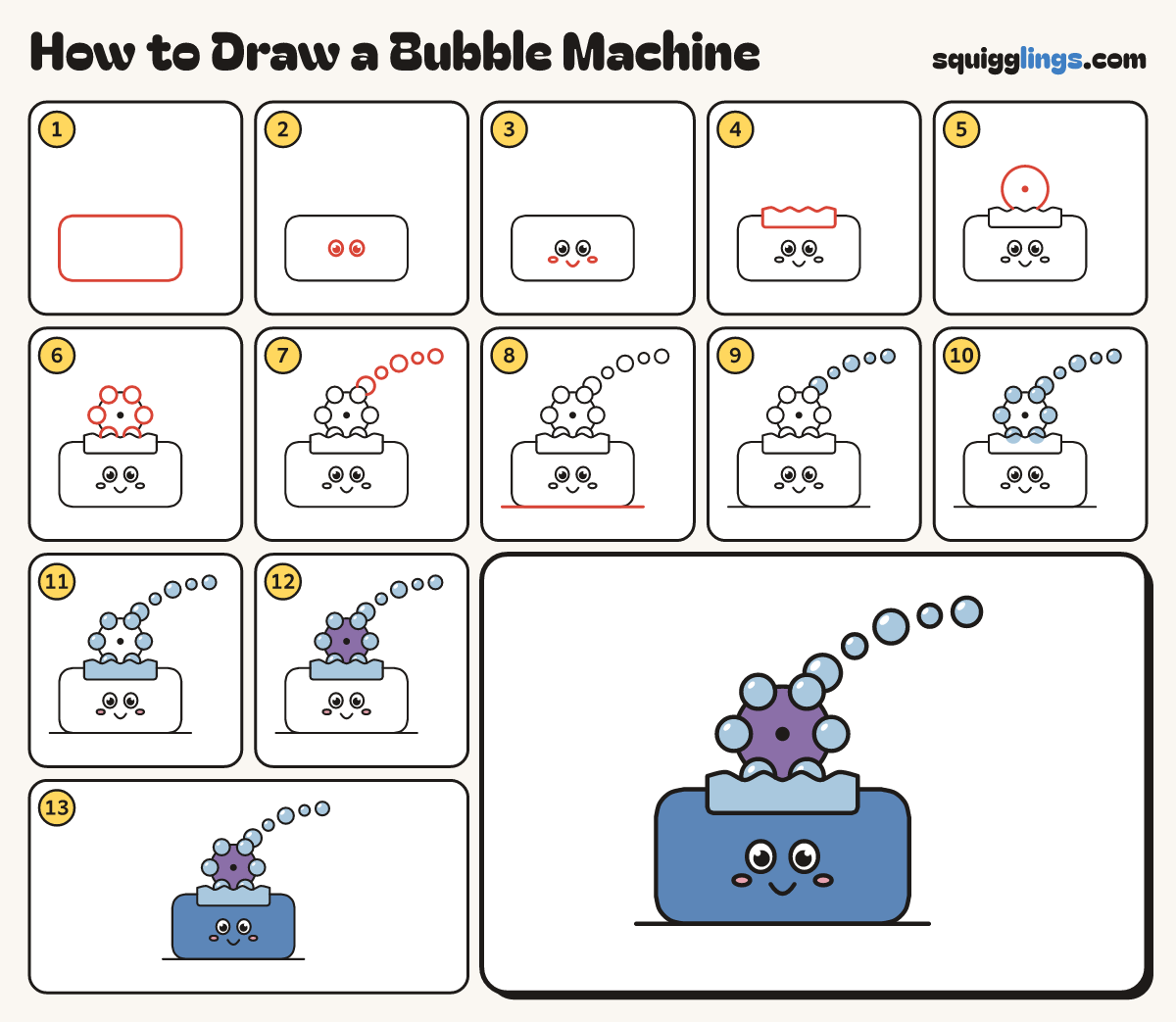 How to Draw a Bubble Machine step by step: all 13 steps in one picture