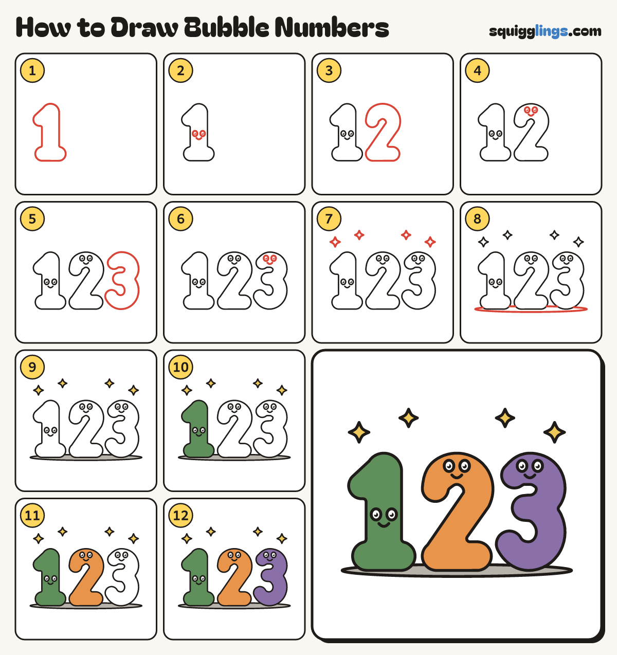 How to Draw Bubble Numbers step by step: all 12 steps in one picture
