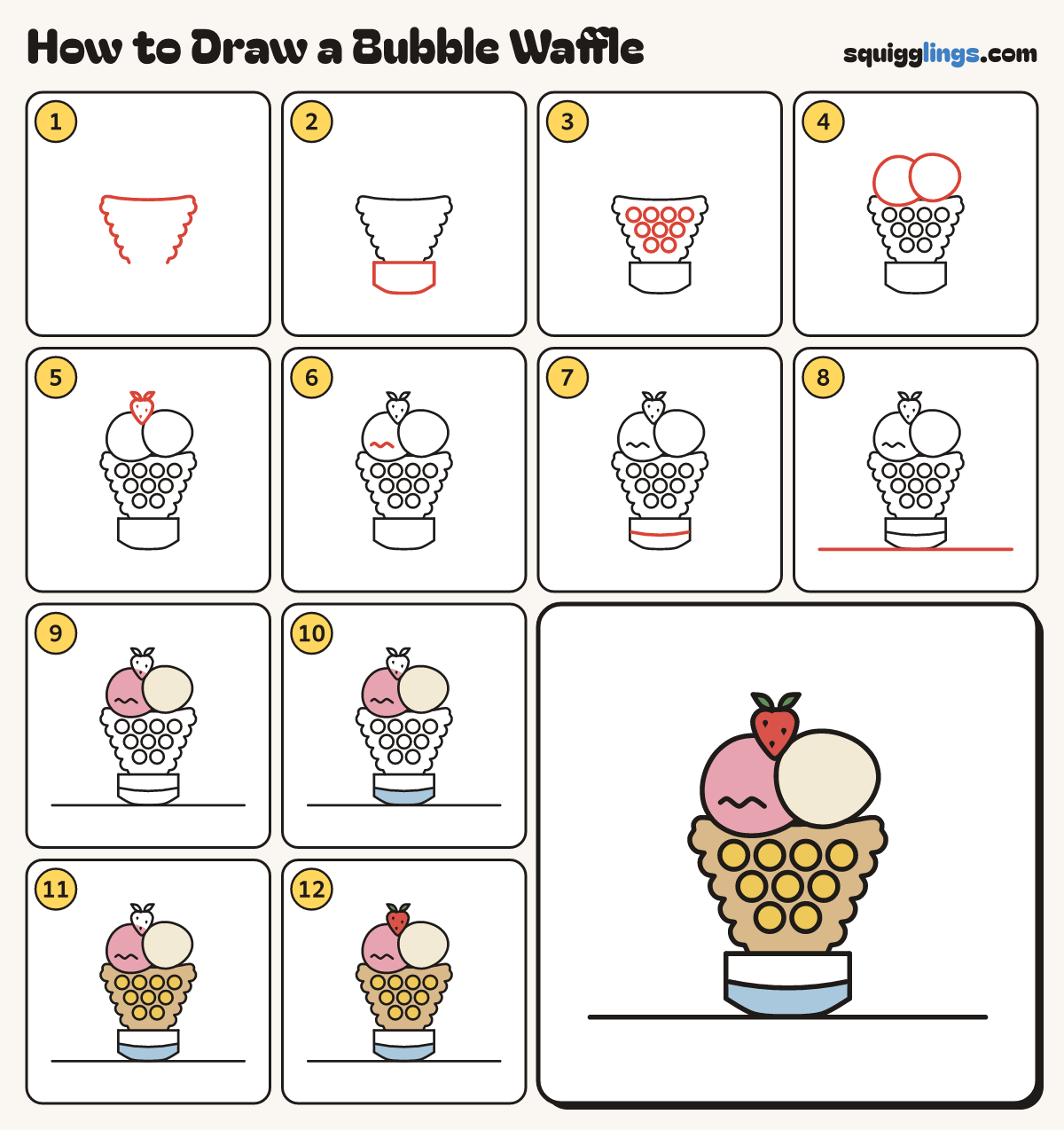 How to Draw a Bubble Waffle step by step: all 12 steps in one picture