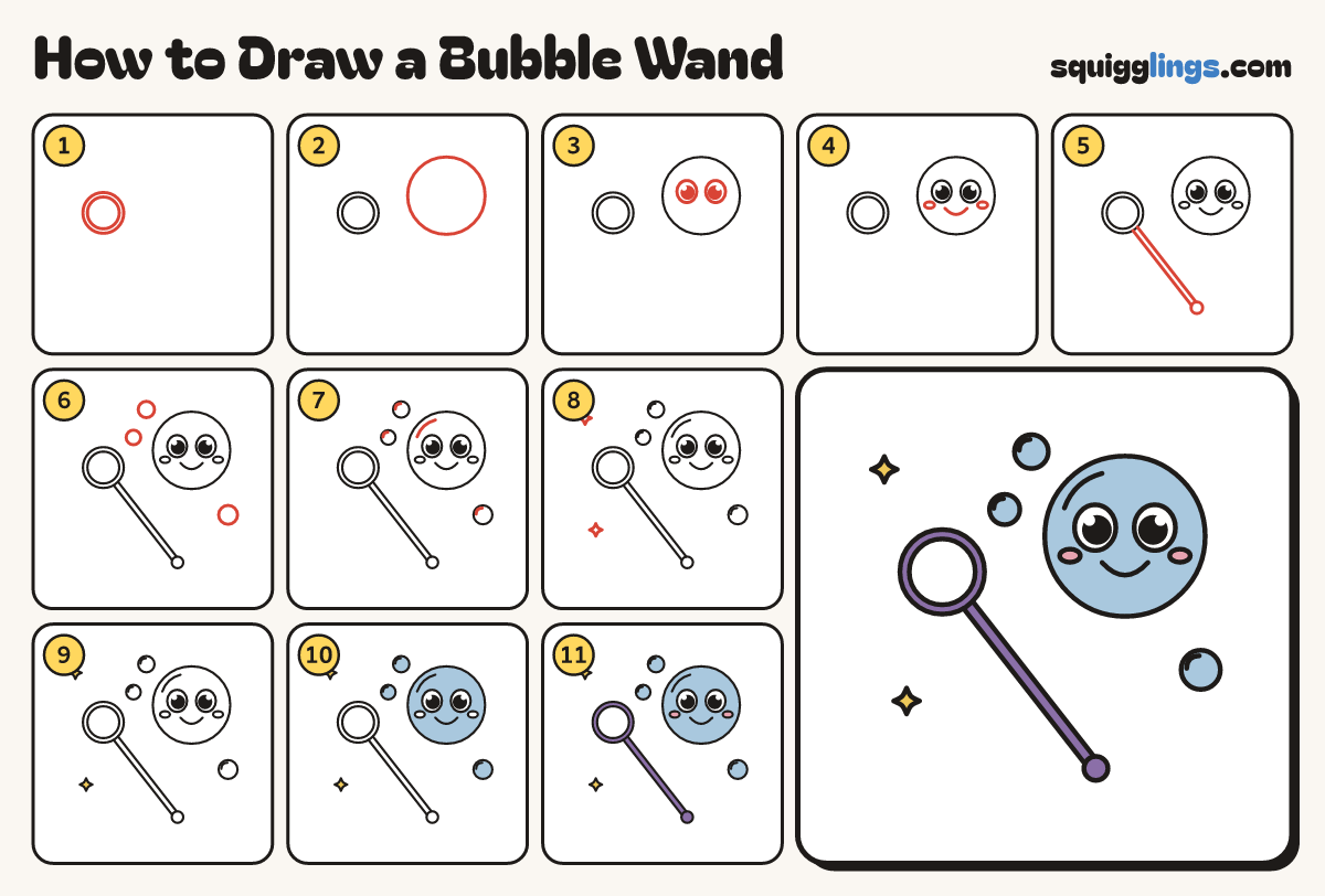 How to Draw a Bubble Wand step by step: all 11 steps in one picture