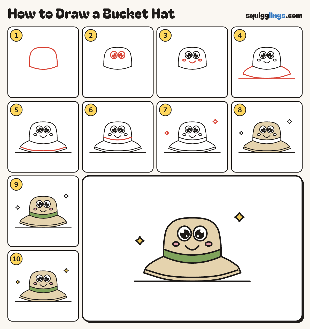 How to Draw a Bucket Hat step by step: all 10 steps in one picture