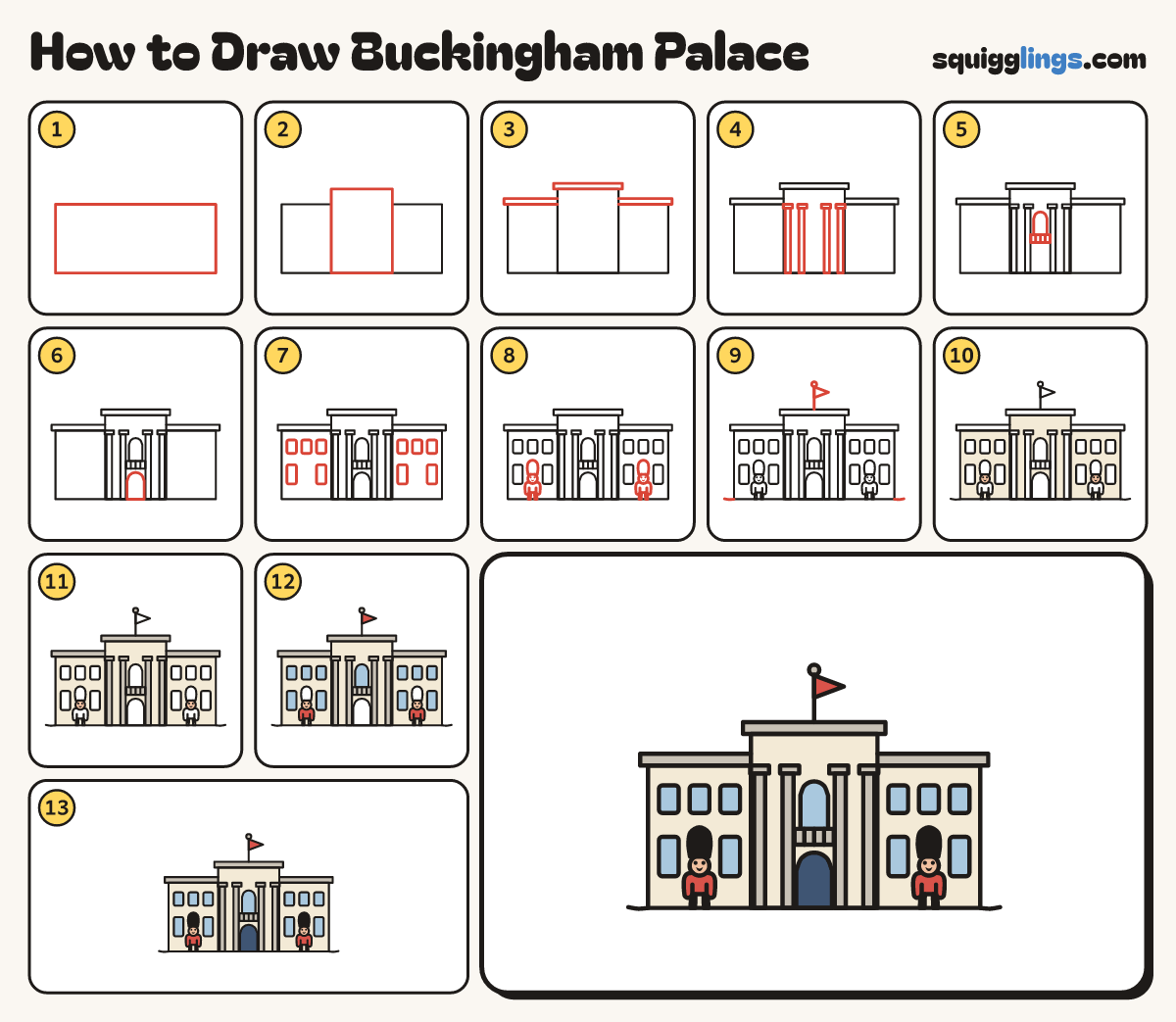 How to Draw Buckingham Palace step by step: all 13 steps in one picture