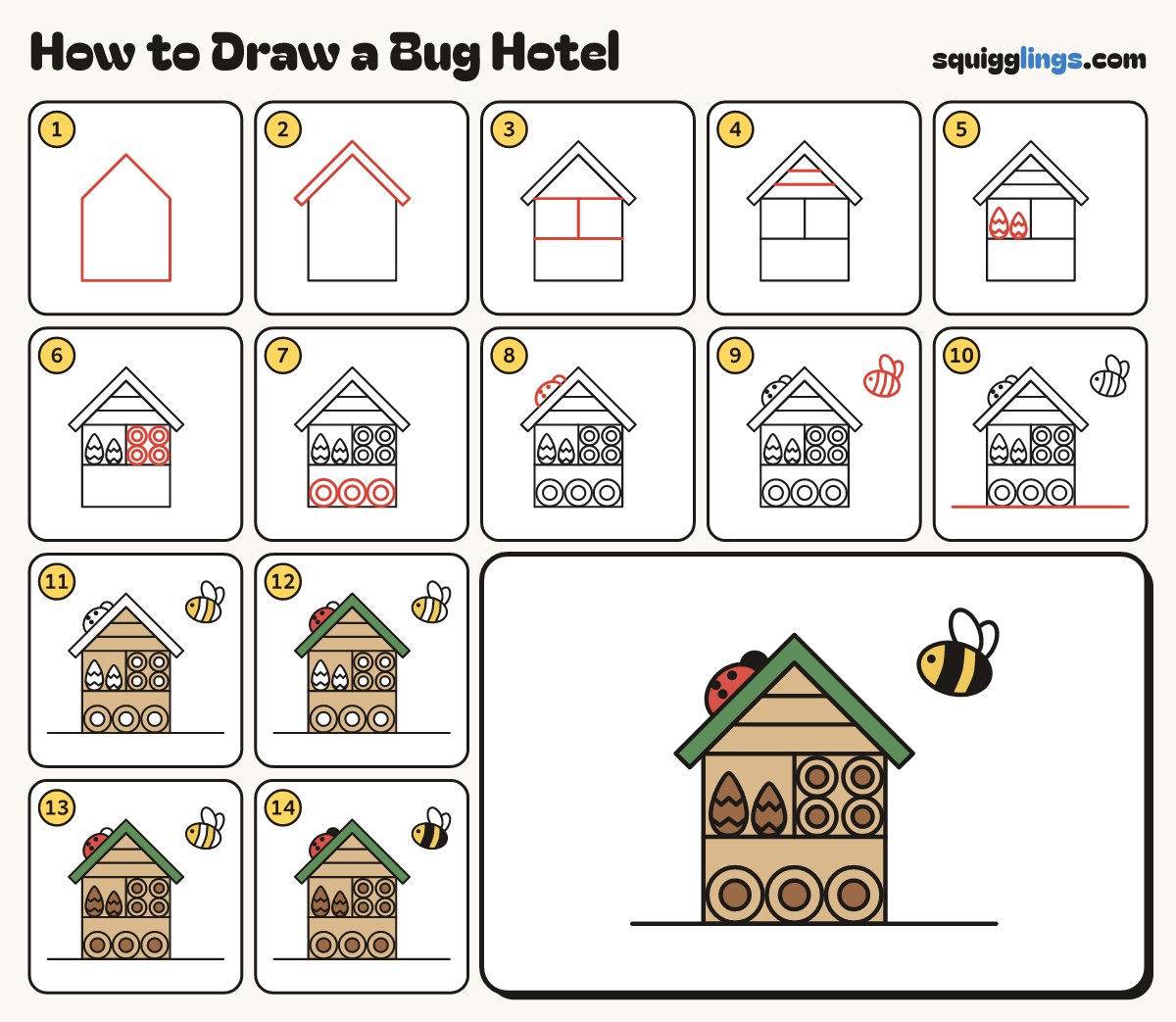 How to Draw a Bug Hotel step by step: all 14 steps in one picture