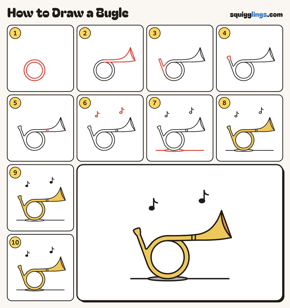 How to Draw a Bugle step by step: all 10 steps in one picture