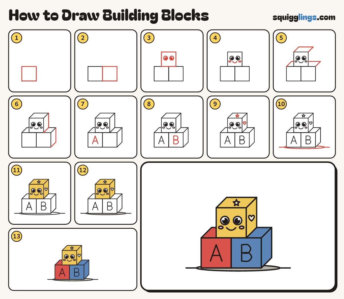 How to Draw Building Blocks step by step: all 13 steps in one picture