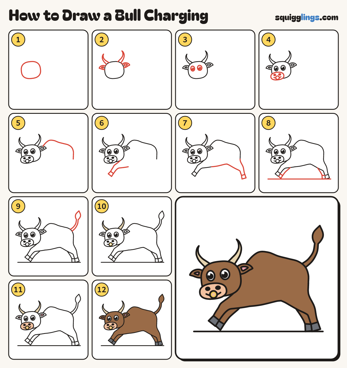 How to Draw a Bull Charging step by step: all 12 steps in one picture