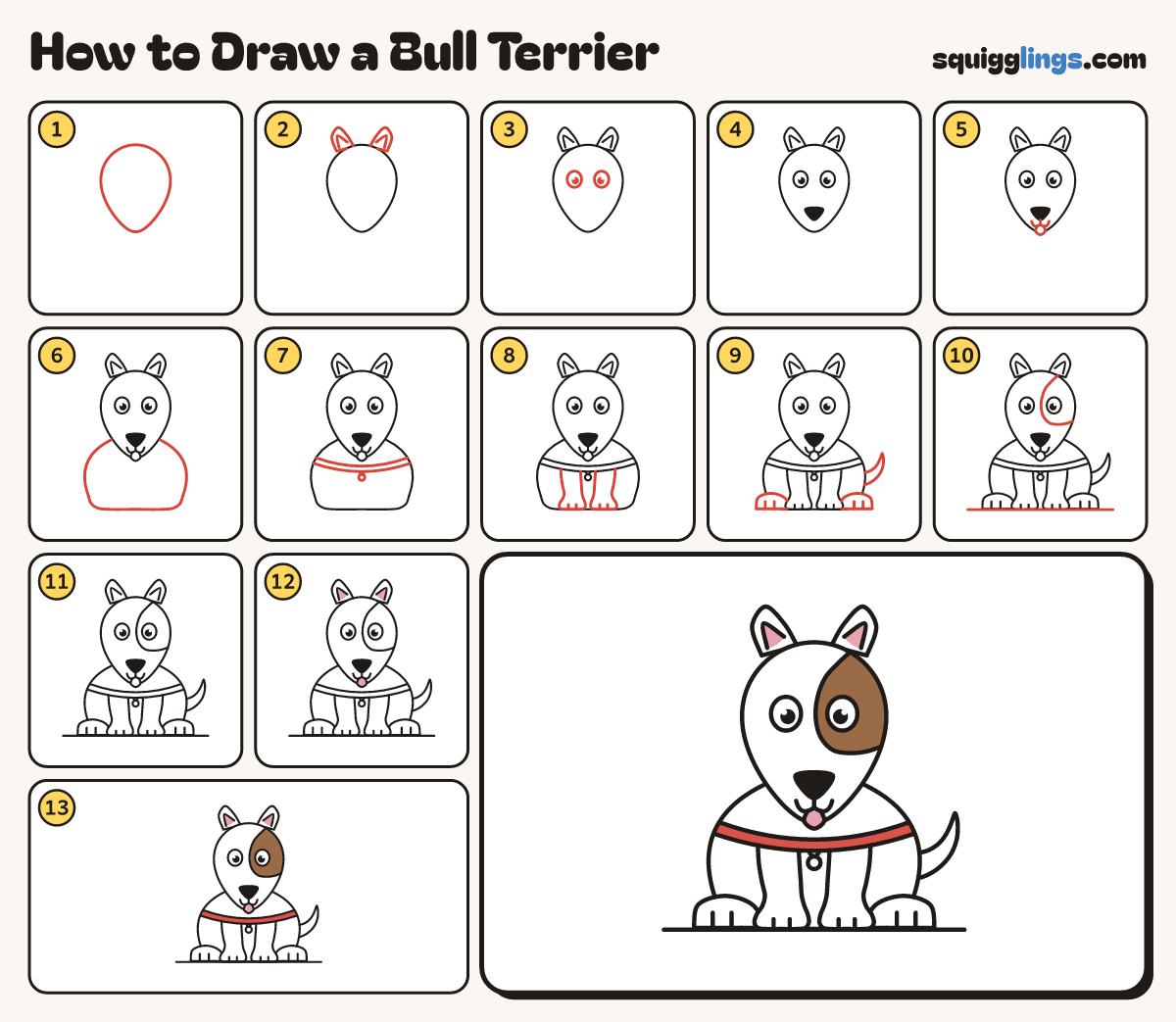 How to Draw a Bull Terrier step by step: all 13 steps in one picture