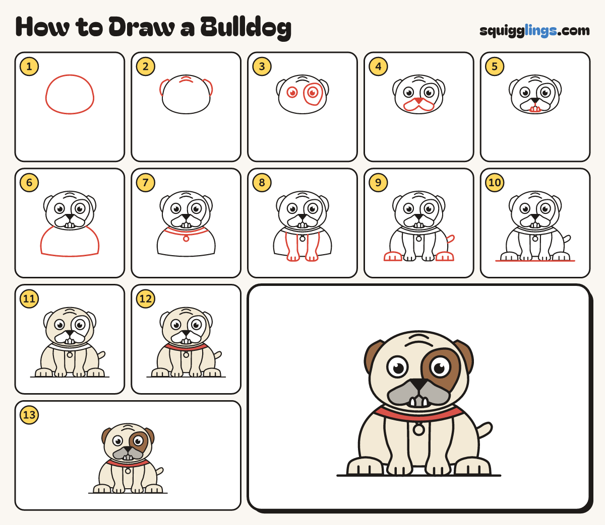 How to Draw a Bulldog step by step: all 13 steps in one picture