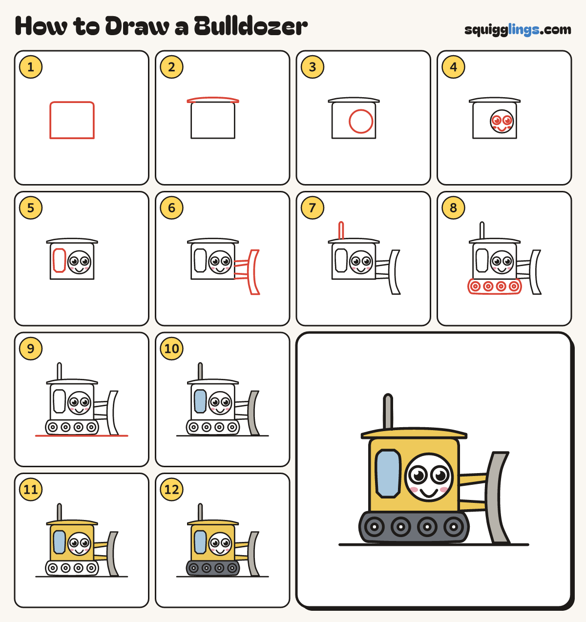 How to Draw a Bulldozer step by step: all 12 steps in one picture