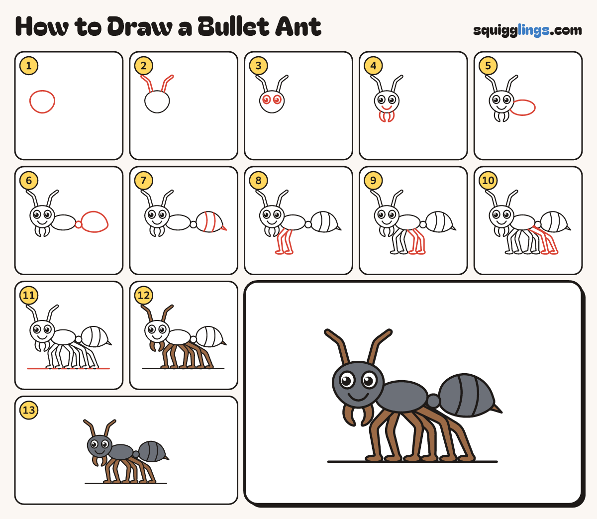 How to Draw a Bullet Ant step by step: all 13 steps in one picture