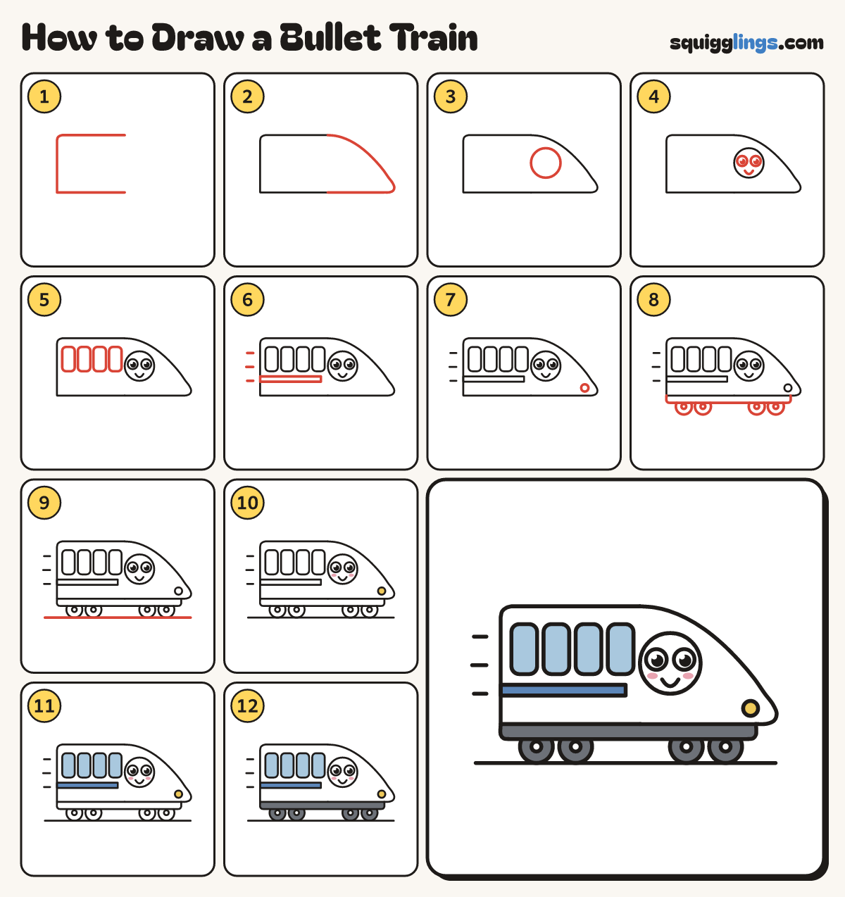 How to Draw a Bullet Train step by step: all 12 steps in one picture