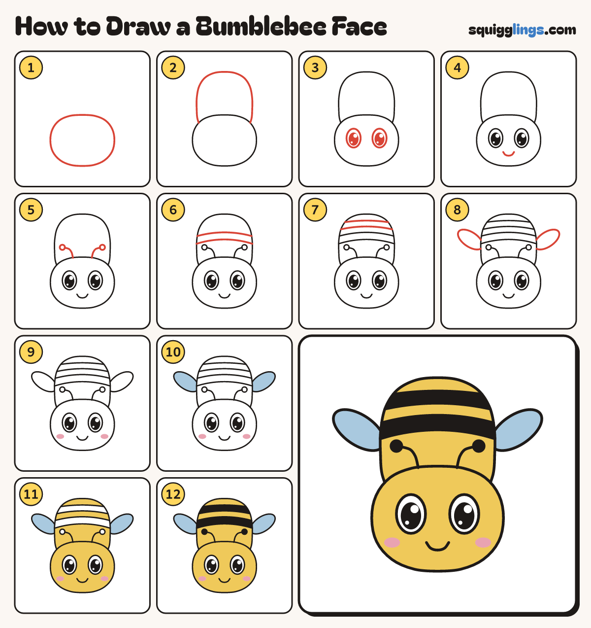 How to Draw a Bumblebee Face step by step: all 12 steps in one picture