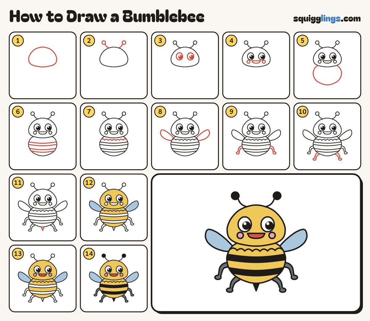 How to Draw a Bumblebee step by step: all 14 steps in one picture