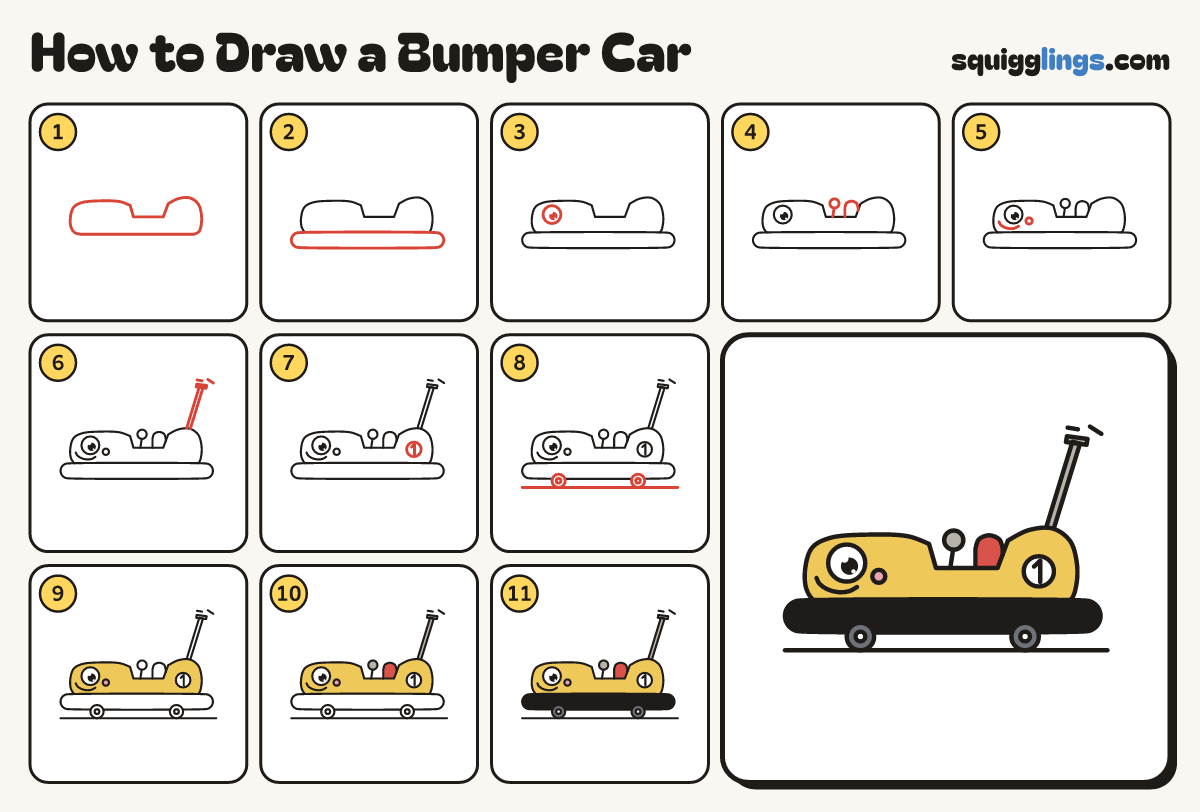 How to Draw a Bumper Car step by step: all 11 steps in one picture