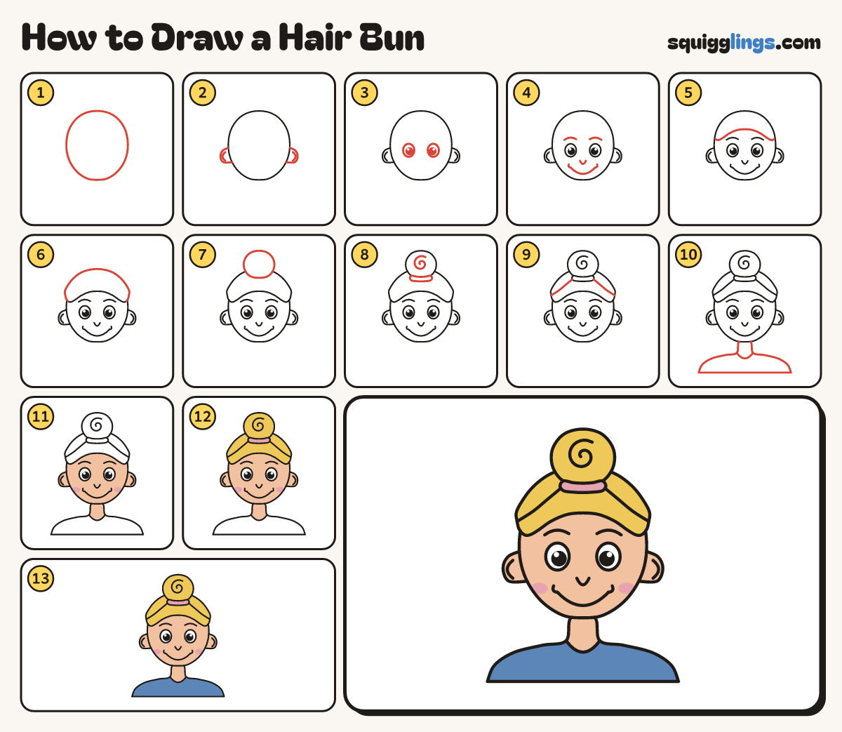 How to Draw a Hair Bun step by step: all 13 steps in one picture