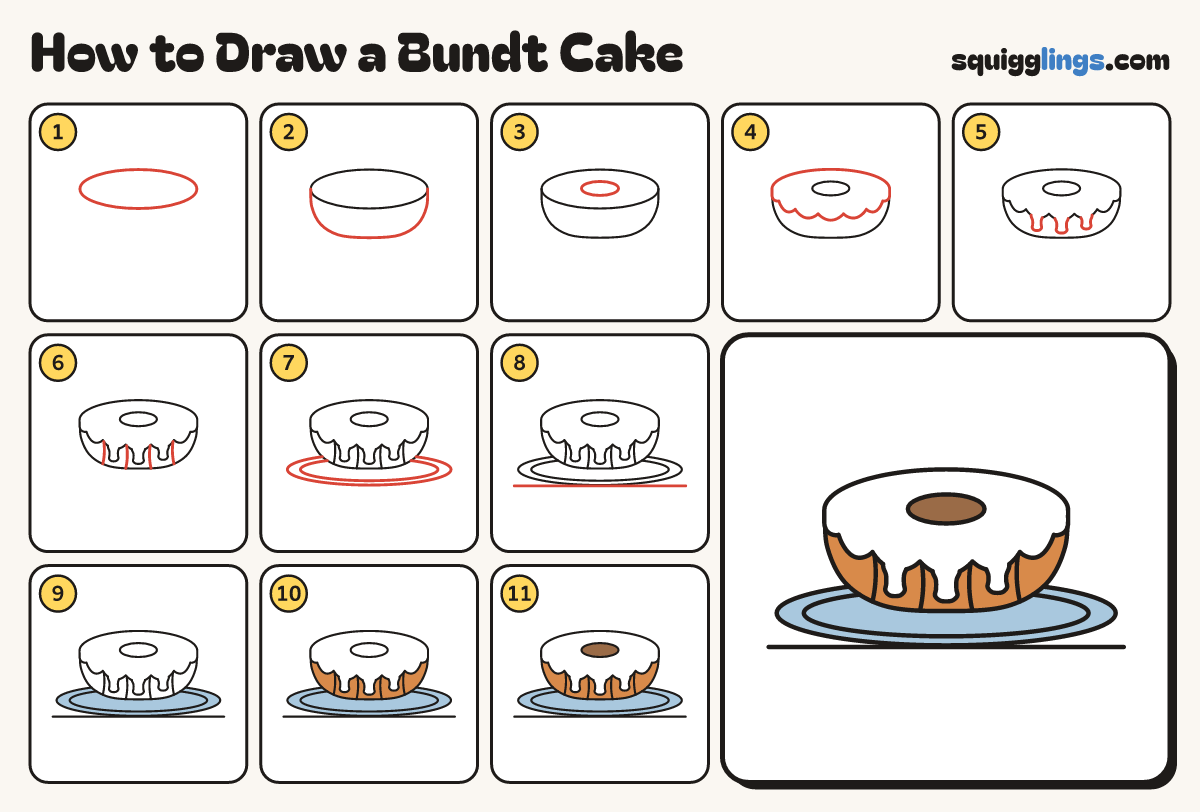 How to Draw a Bundt Cake step by step: all 11 steps in one picture