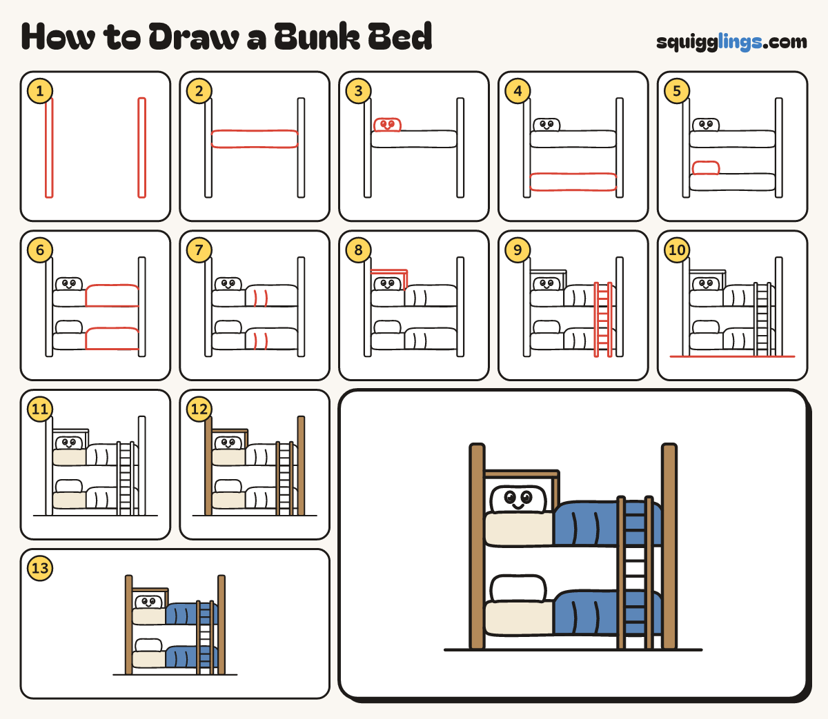 How to Draw a Bunk Bed step by step: all 13 steps in one picture
