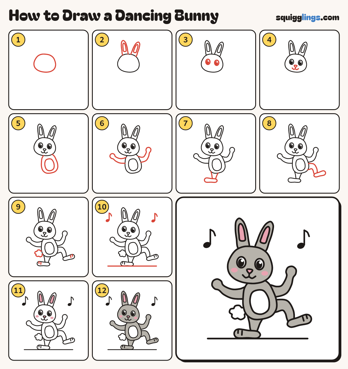 How to Draw a Dancing Bunny step by step: all 12 steps in one picture
