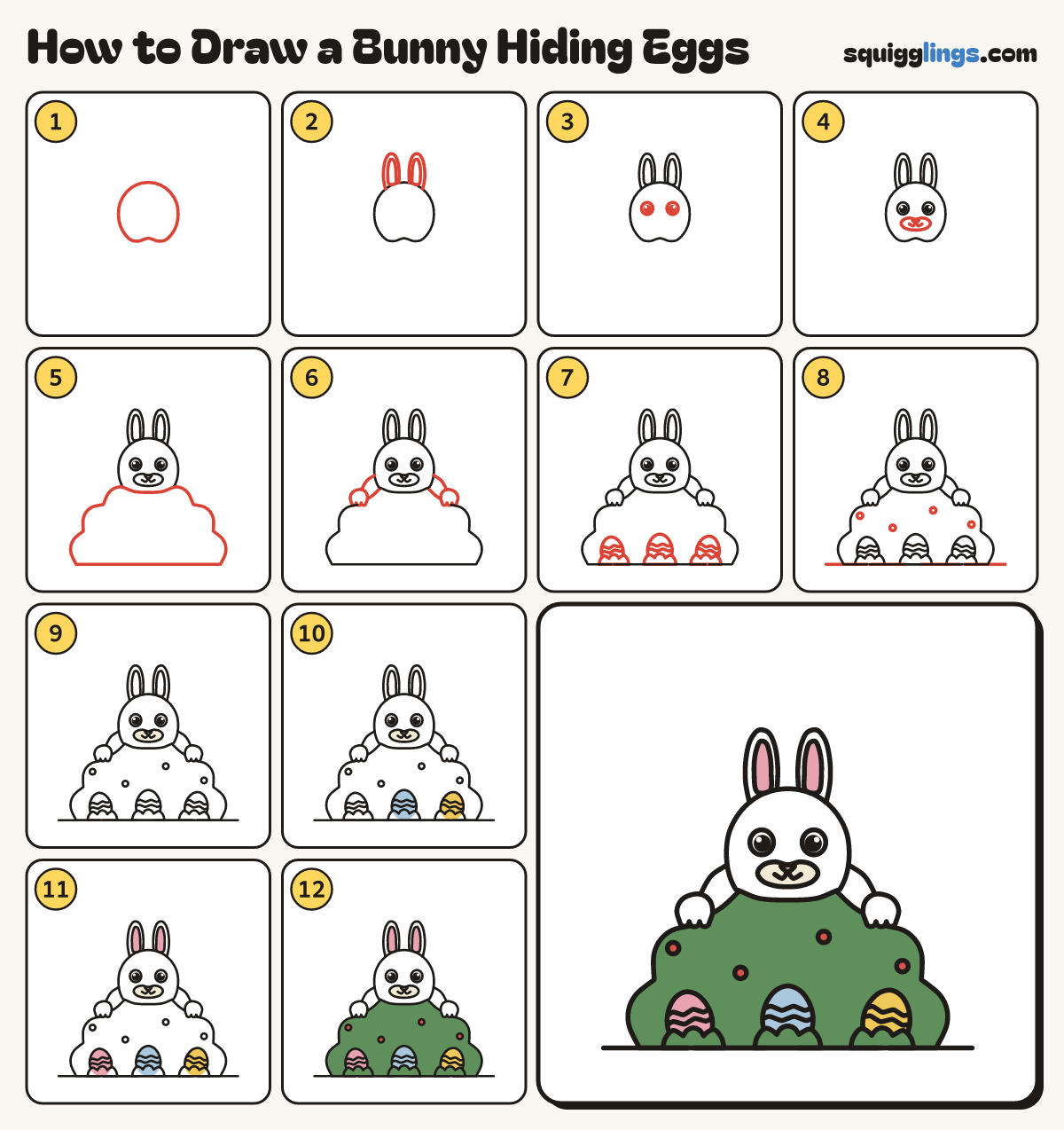 How to Draw a Bunny Hiding Eggs step by step: all 12 steps in one picture