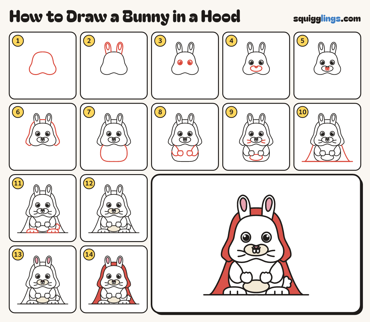 How to Draw a Bunny in a Hood step by step: all 14 steps in one picture