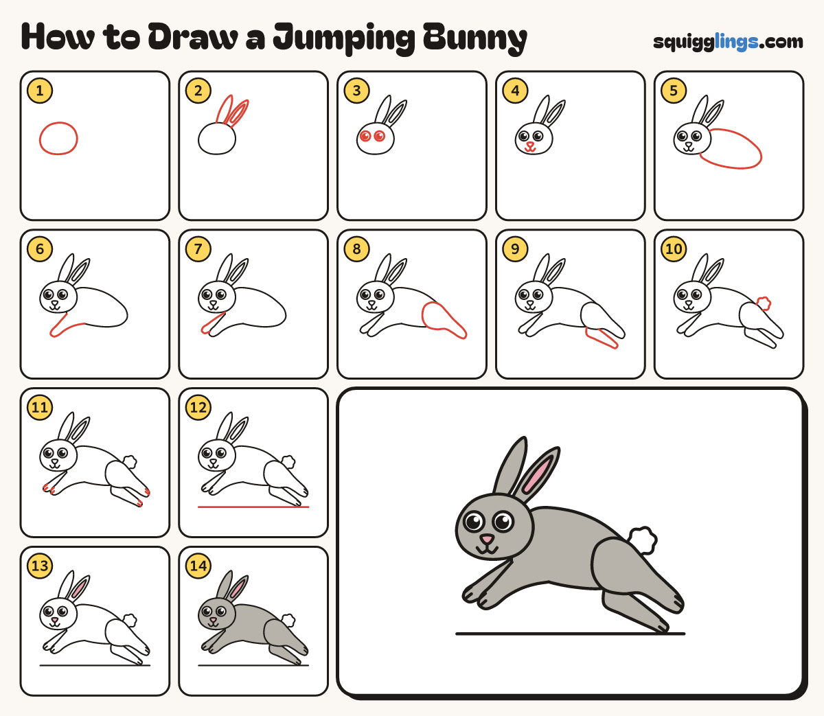 How to Draw a Jumping Bunny step by step: all 14 steps in one picture