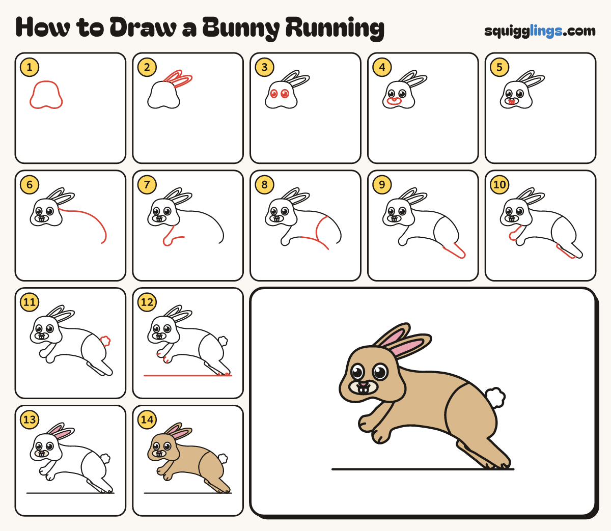 How to Draw a Bunny Running step by step: all 14 steps in one picture