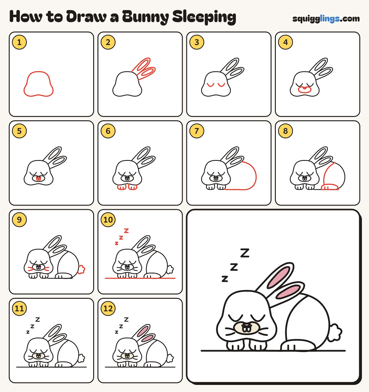 How to Draw a Bunny Sleeping step by step: all 12 steps in one picture