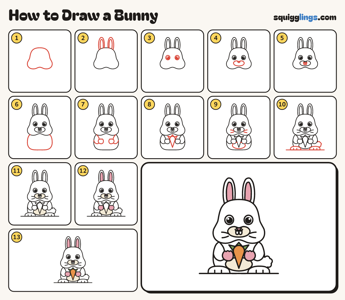 How to Draw a Bunny step by step: all 13 steps in one picture