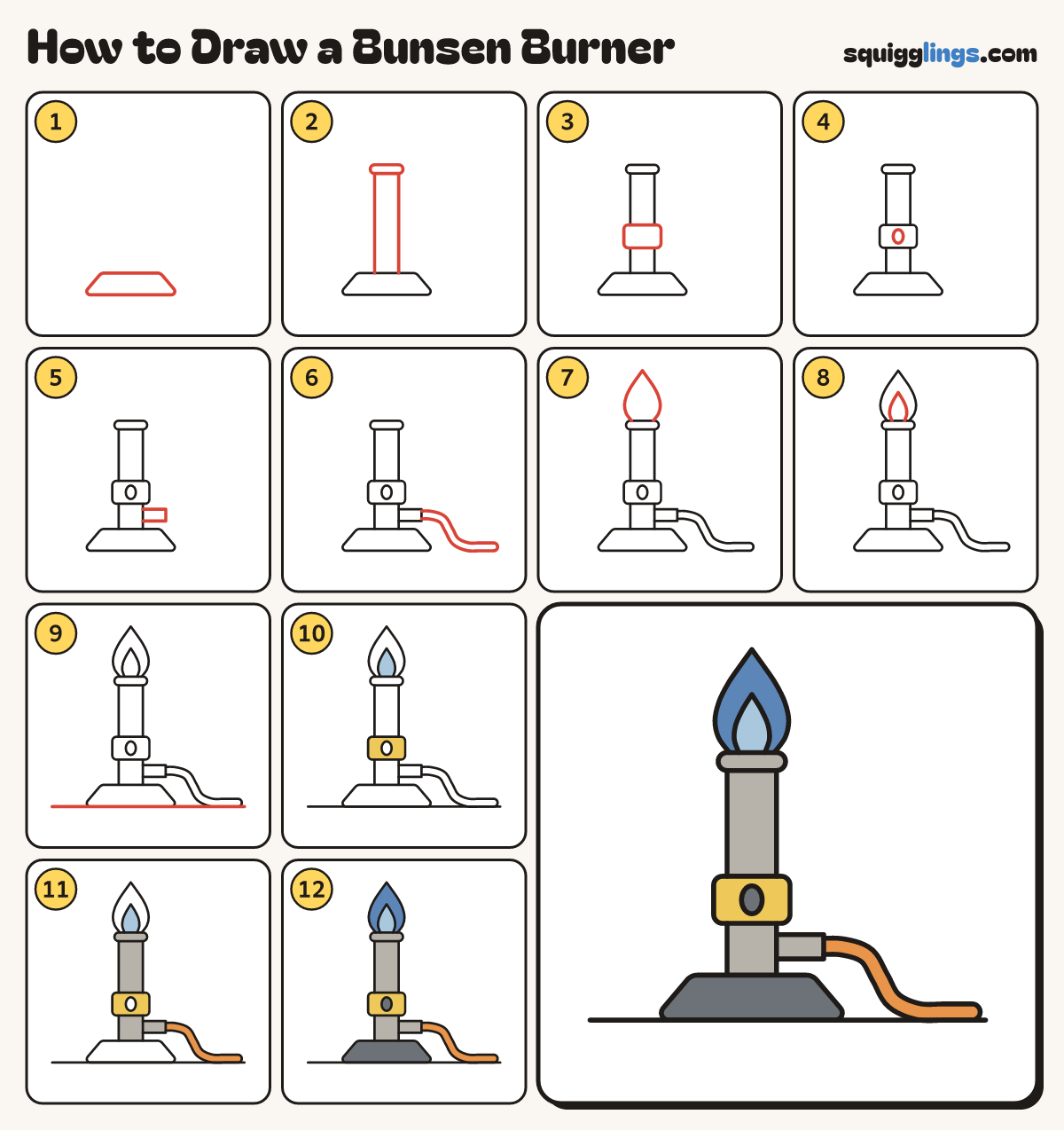 How to Draw a Bunsen Burner step by step: all 12 steps in one picture