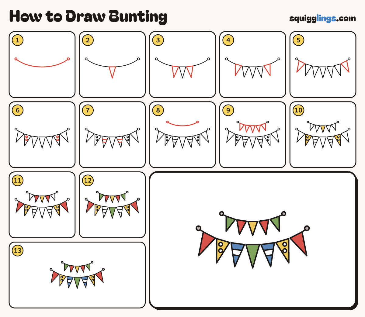 How to Draw Bunting step by step: all 13 steps in one picture
